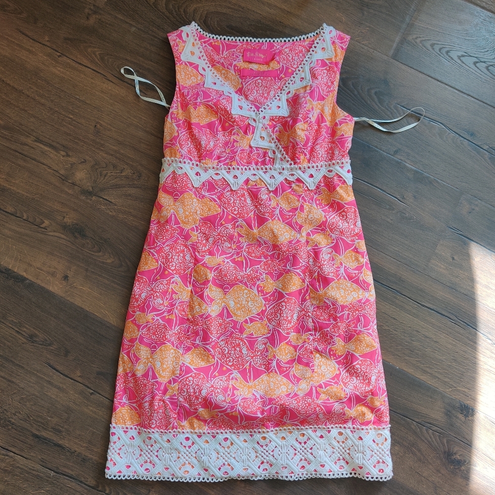 Lilly Pulitzer Jubilee Pink Orange Fish Beverly Hills Bubbly Shift Dress Size 8